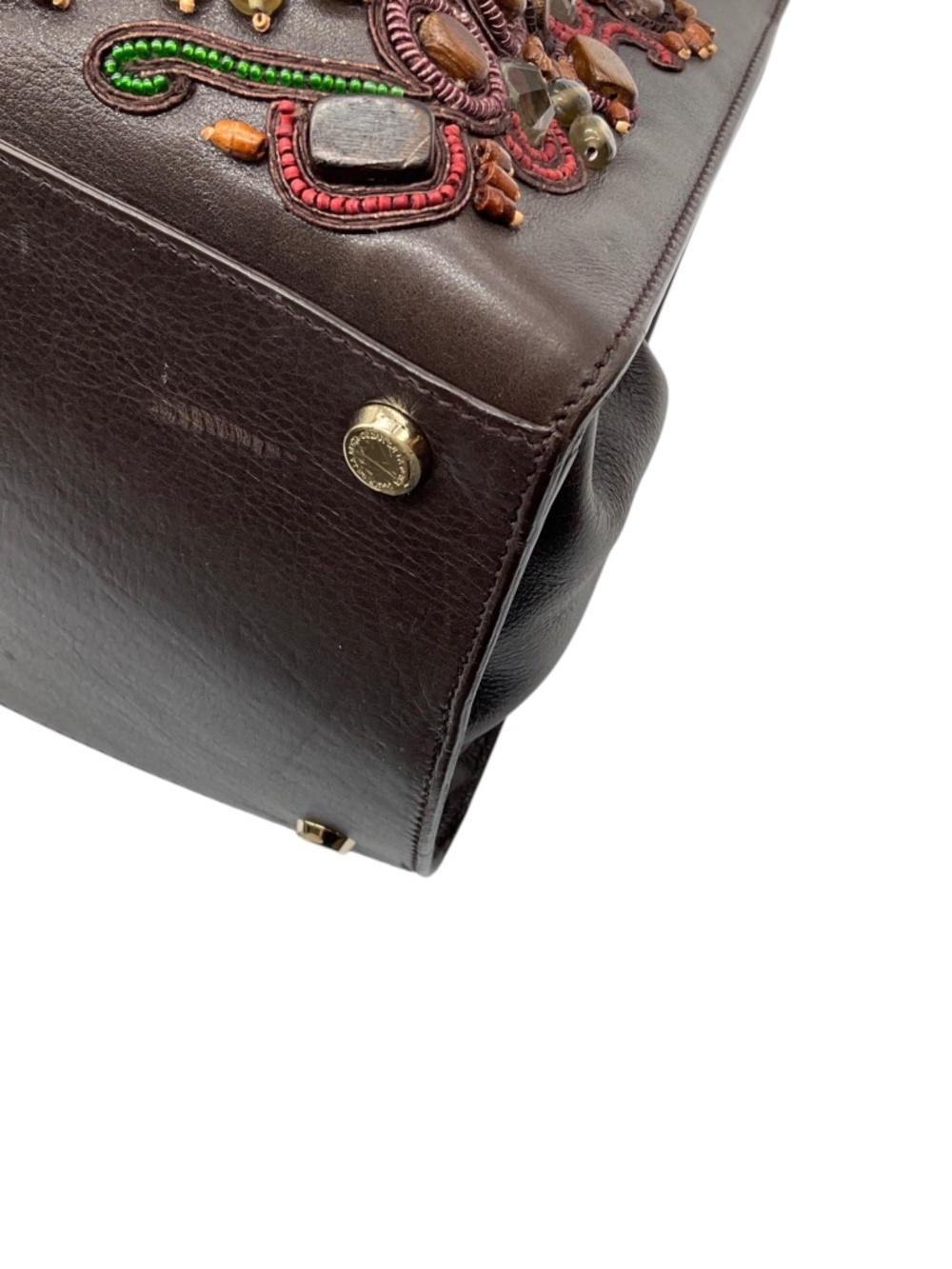 OSCAR DE LA RENTA BROWN MULTI BEADED AND STONE EMBELLISHED LEATHER HANDBAG - Picture 9 of 11